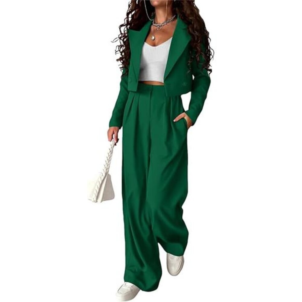 Women's 2 Piece Casual Outfits Cropped Blazer Jackets High Waisted - Picture 7 of 7